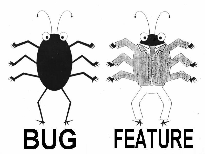 Difference between software bugs and features.