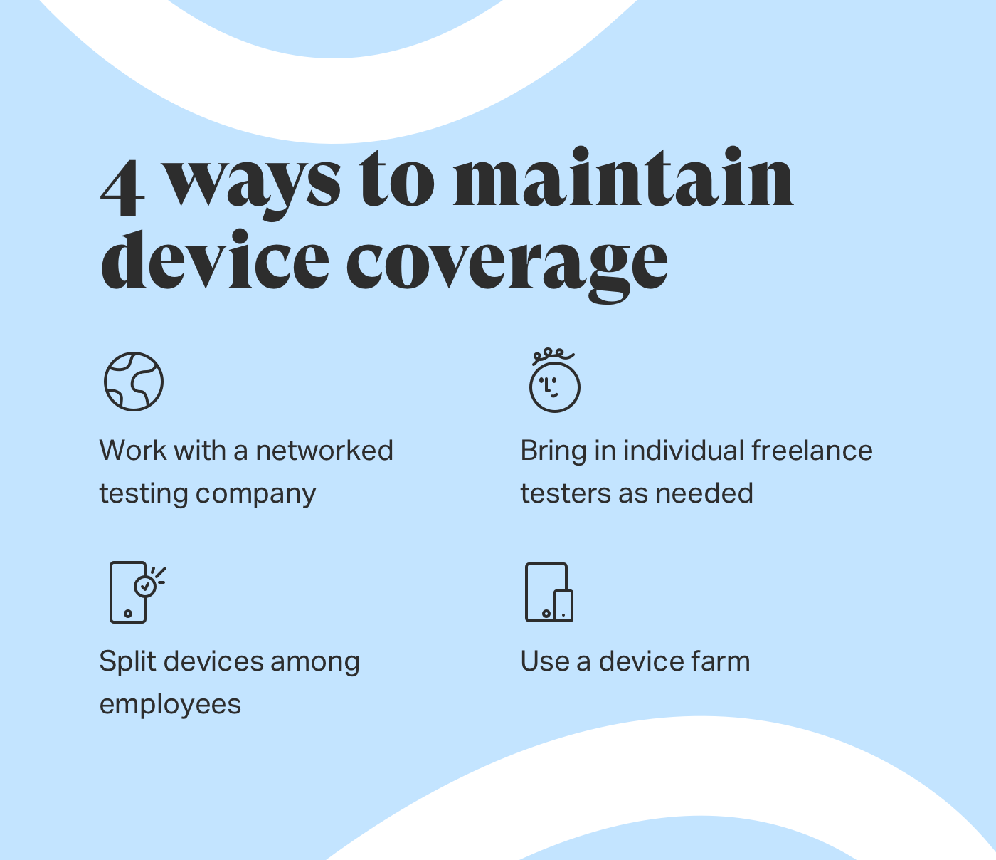 4 ways to maintain device coverage: 1. Work with a networked testing company 2. Bring in individual freelance testers as needed 3. Split devices among employees 4. Use a device farm