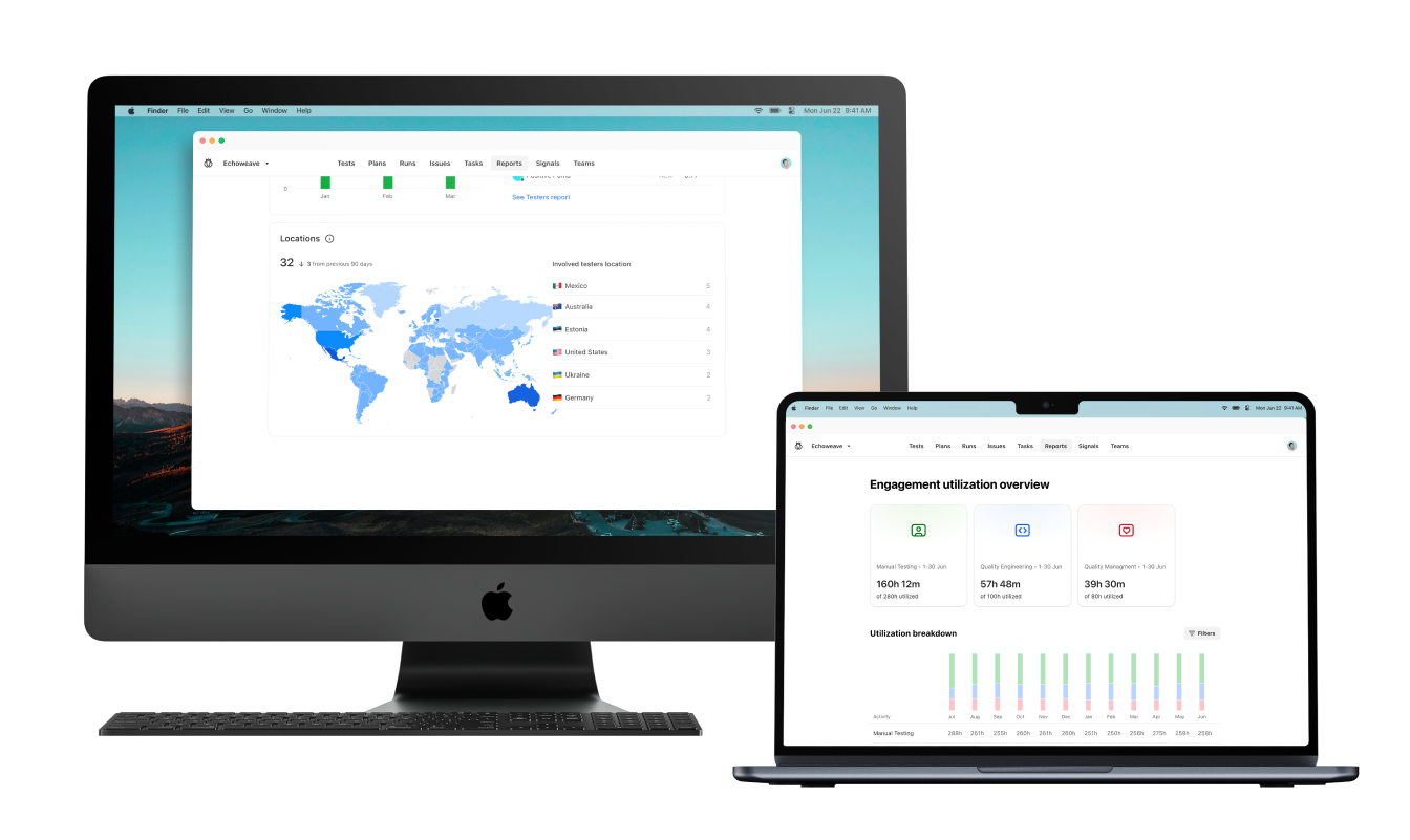 Laptop and monitors show Testlio platform stills