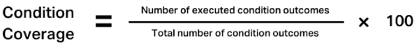 Condition Coverage =Number of executed condition outcomes / Total number of condition  outcomes x 100