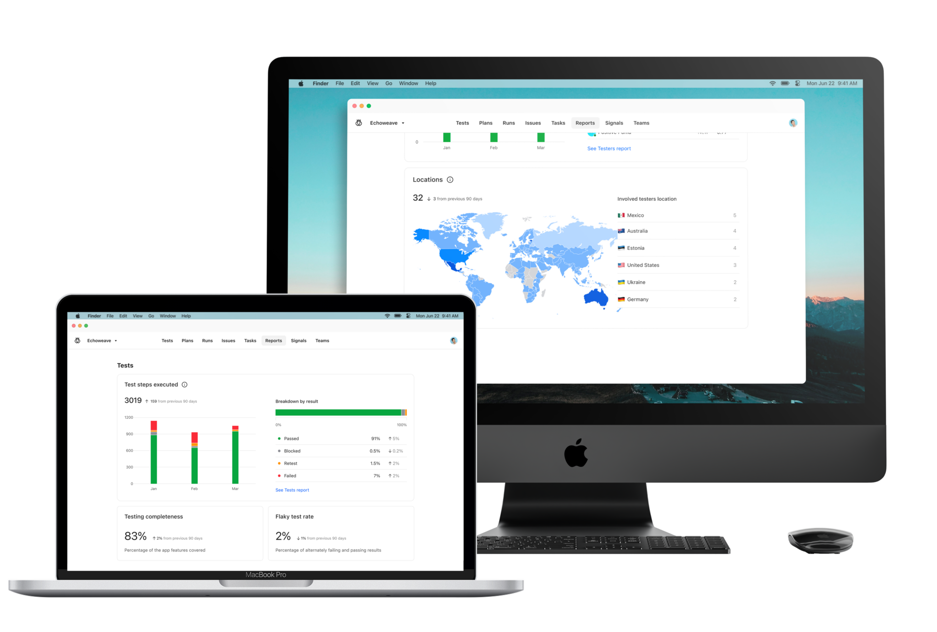 A few stills of Testlio's platform that shows regions where testing is happening on a computer monitor in the back and test results on a laptop in the front