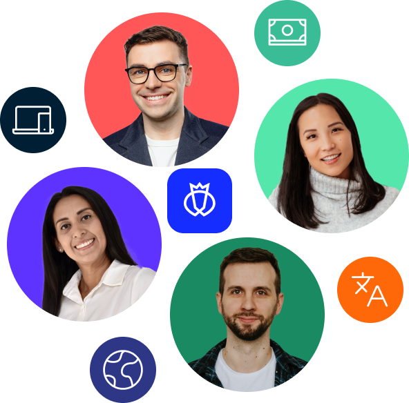 The illustration shows four smiling individuals, surrounded by icons, including devices, currencies, and languages. In the center is Testlio's logo. 