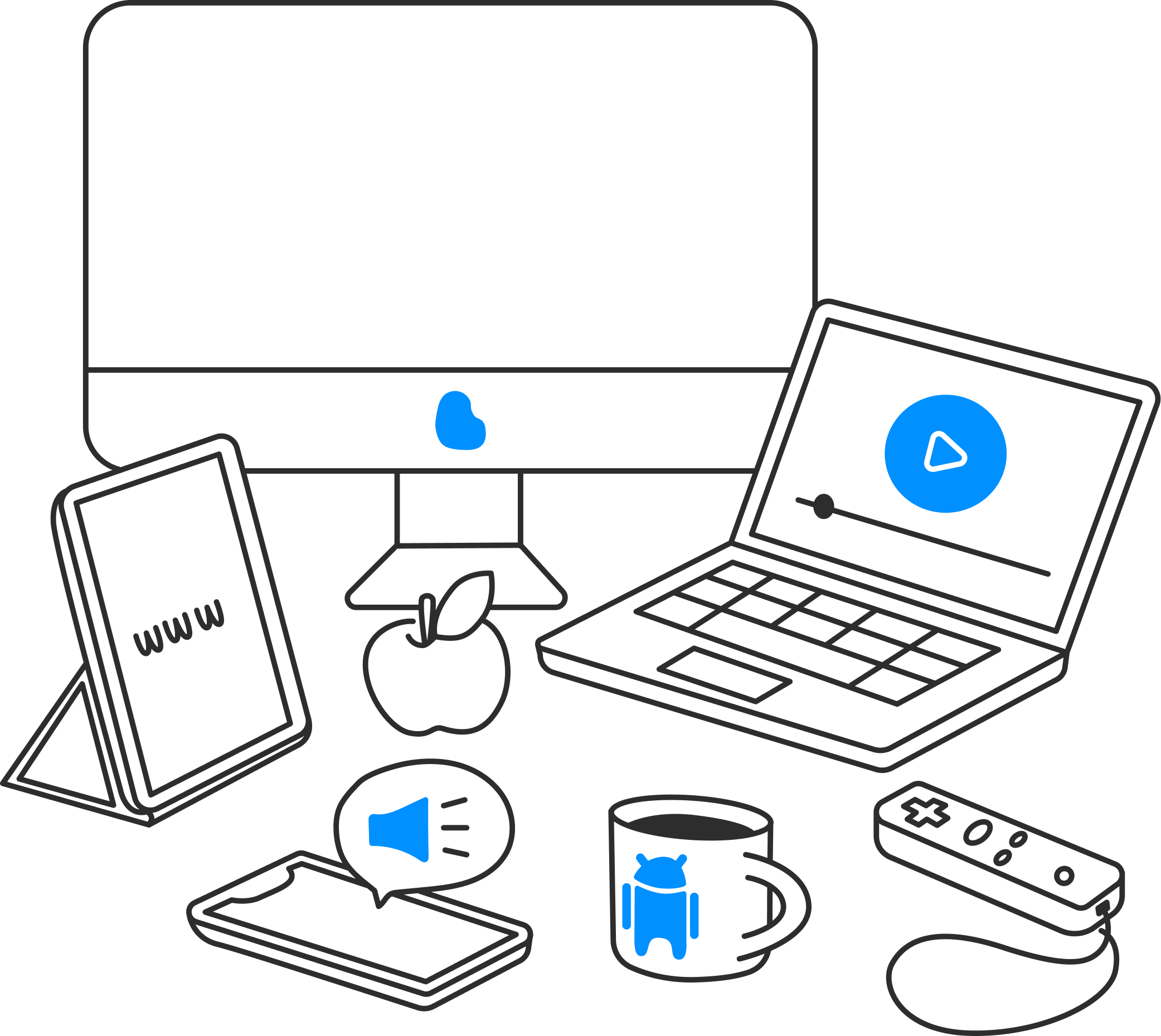 Illustration shows various devices like a tablet, a PC, a laptop, a phone and a TV remote. 