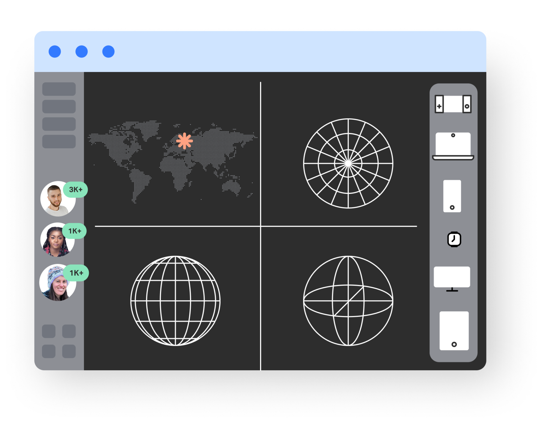 Illustration of a digital dashboard interface displaying four different globe wireframe views and a world map with a marked location. The left sidebar shows three user avatars with green badges labeled 
