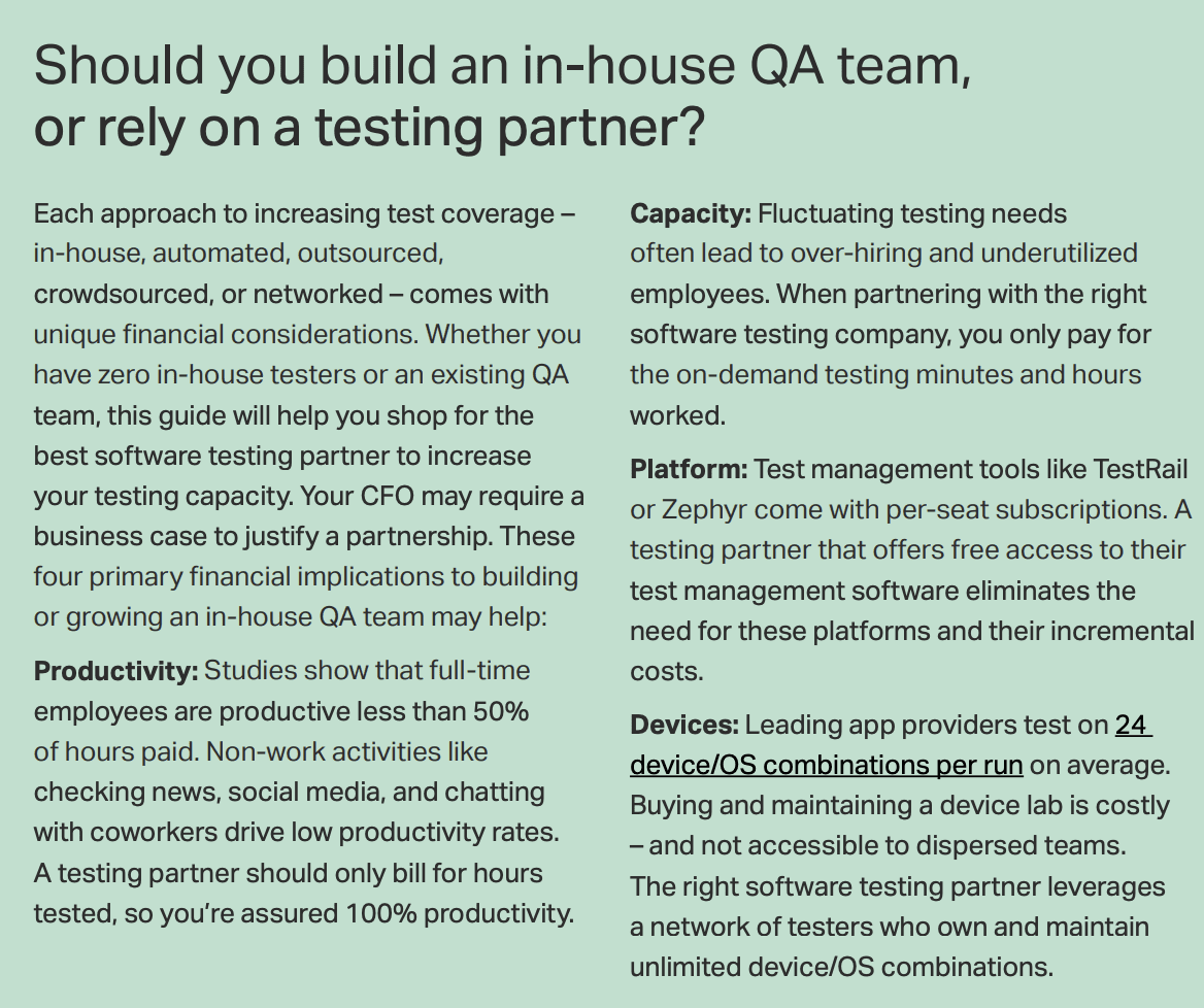 Quick guide for deciding whether to build an in-house QA testing team vs hiring a testing partner showing considerations on cost, productivity, capacity, platform, and devices.