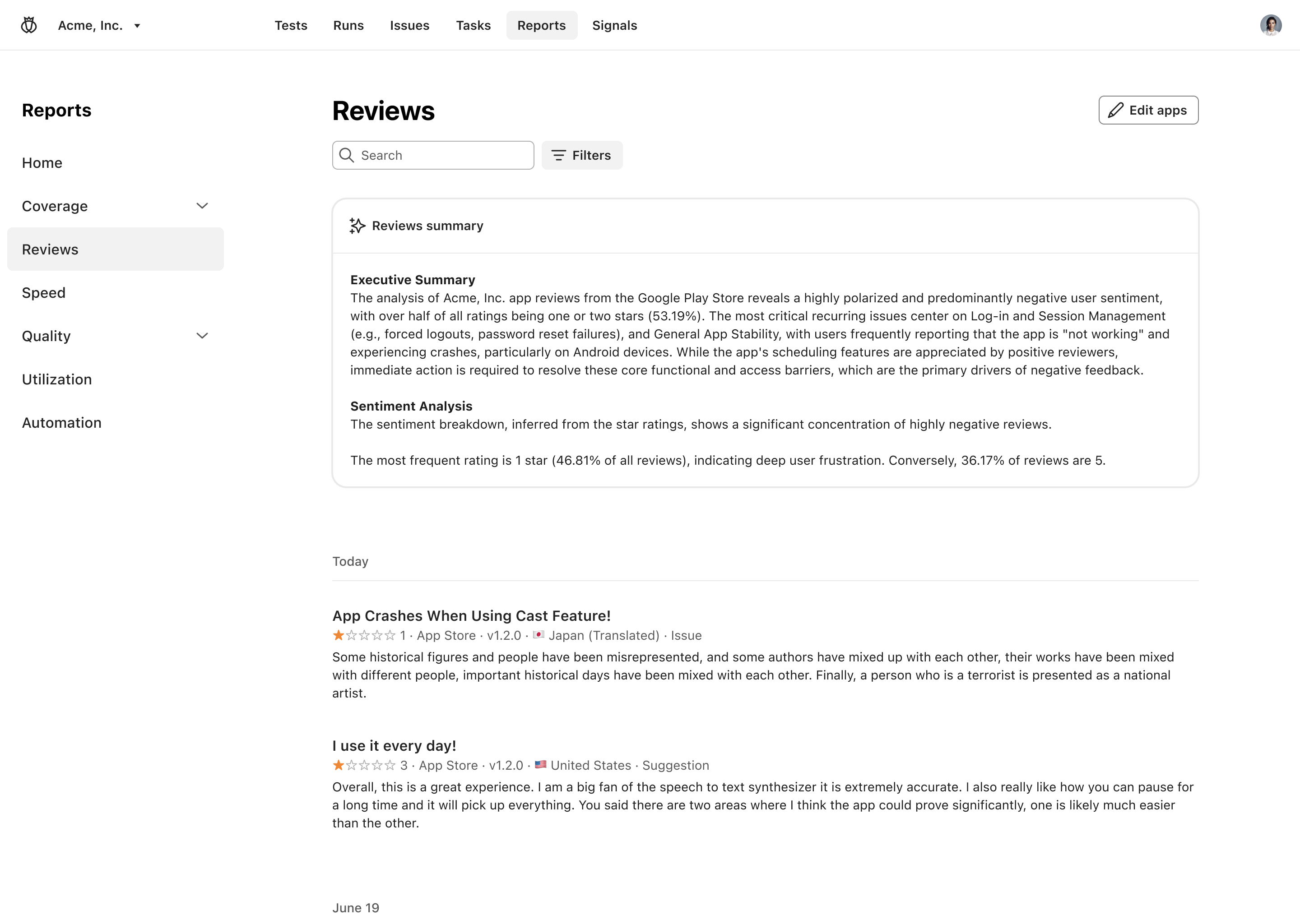 A platform still shows an Executive Summary for Acme, Inc. The summary notes highly polarized user sentiment (53.19% one or two-star ratings) and critical issues with Log-in and Session Management. Below the summary is a feed of specific app store reviews from the Google Play Store and App Store, including a 1-star review titled 