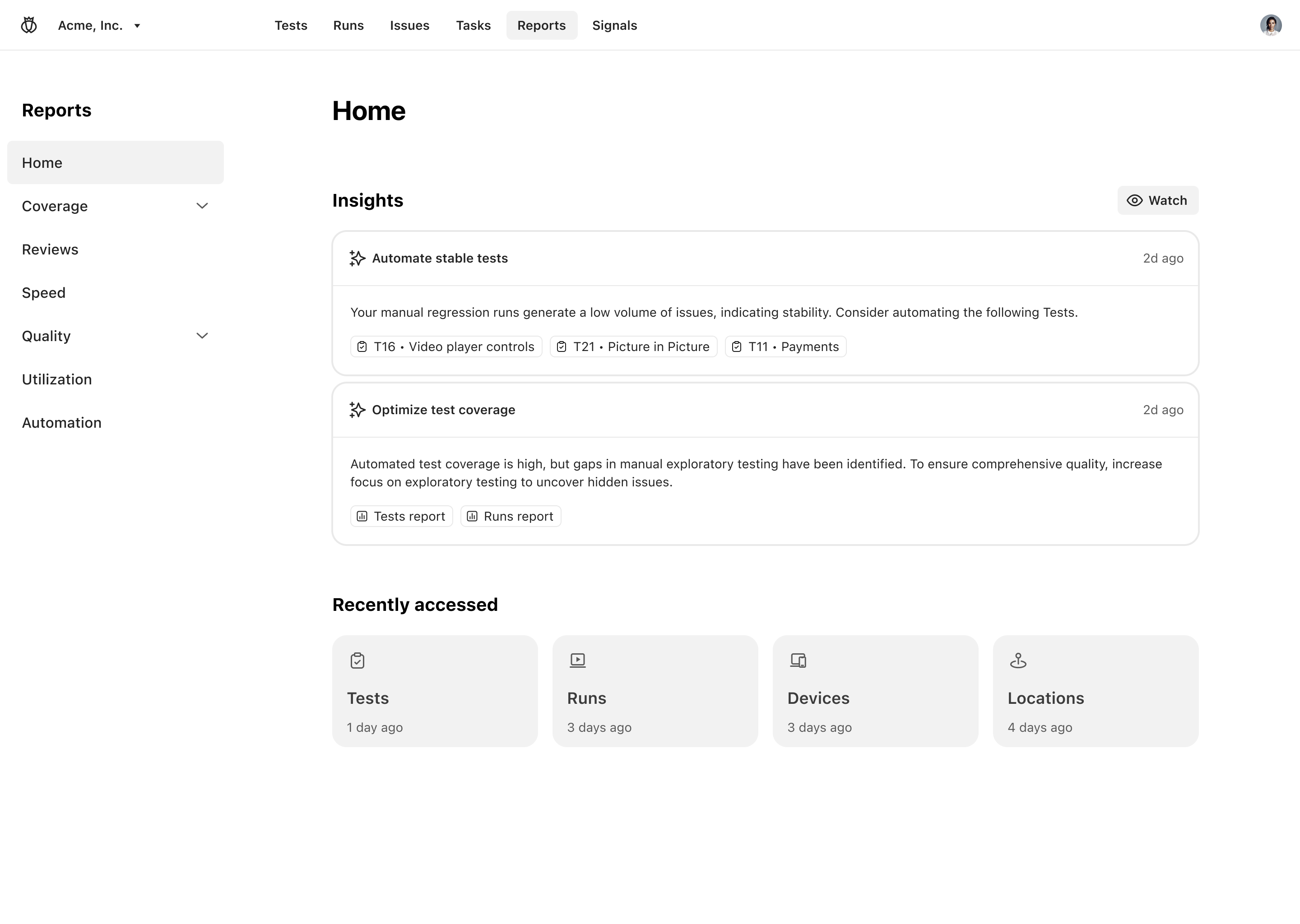 The Outlier Insights dashboard shows two AI-generated recommendation cards. The first, 