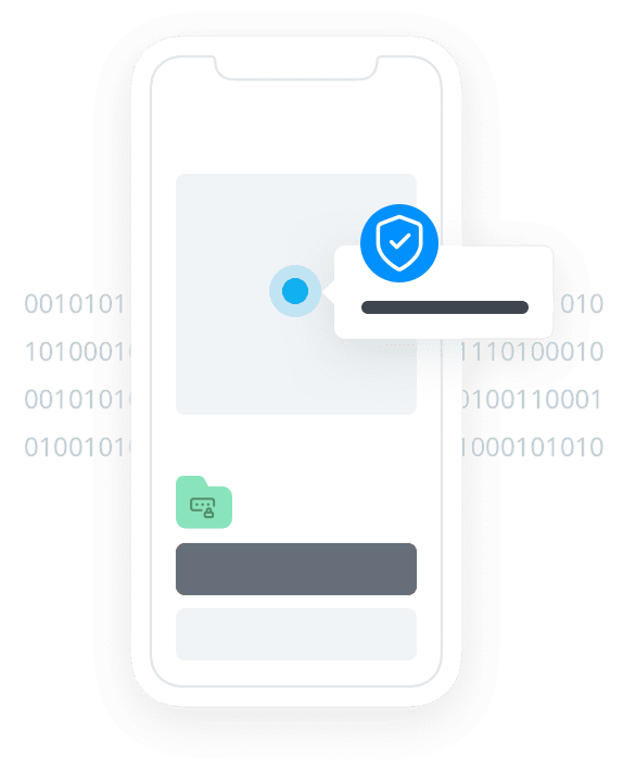 Illustration of a smartphone interface with abstract UI elements suggesting security and data transfer. A blue shield icon with a checkmark indicates protection or verification, while a green folder with a connection symbol below implies file or network access. Binary code surrounds the phone, reinforcing themes of data, encryption, or secure digital interactions.