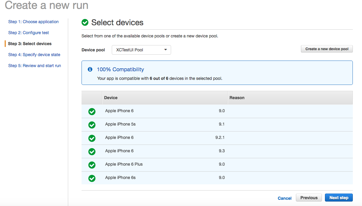 AWS device farm step where users select devices