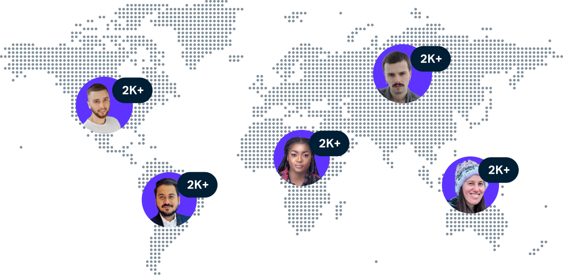 A world map shows happy individuals in different parts of the world, representing Testlio's global community. 