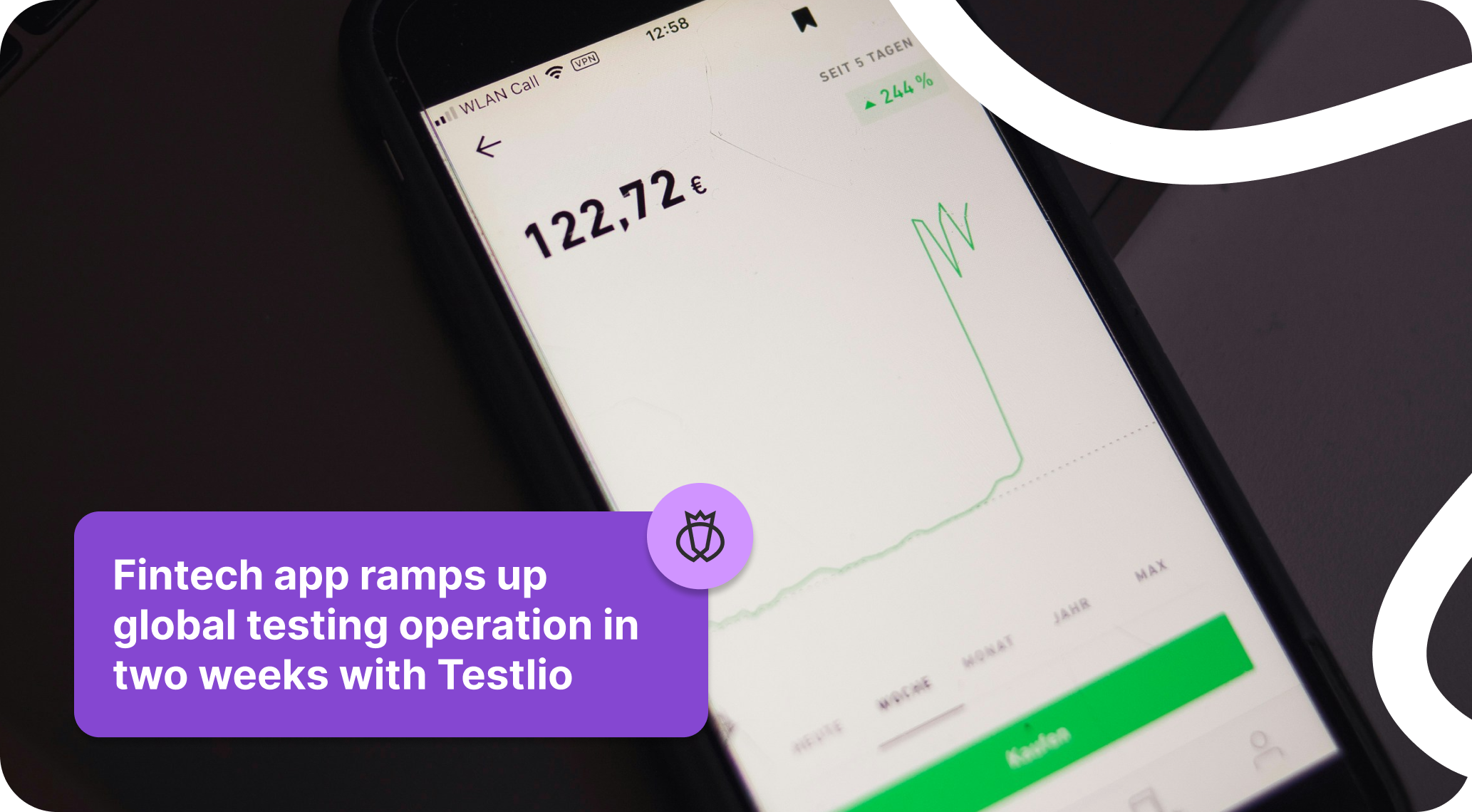 Testimonial graphic stating 'Fintech app ramps up global testing operation in two weeks with Testlio,' overlaid on an image of a financial app interface 